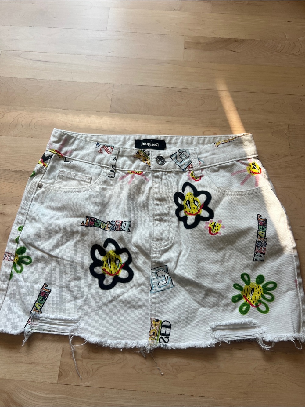 Desigual White Mini Skirt with Colorful Floral Graphics